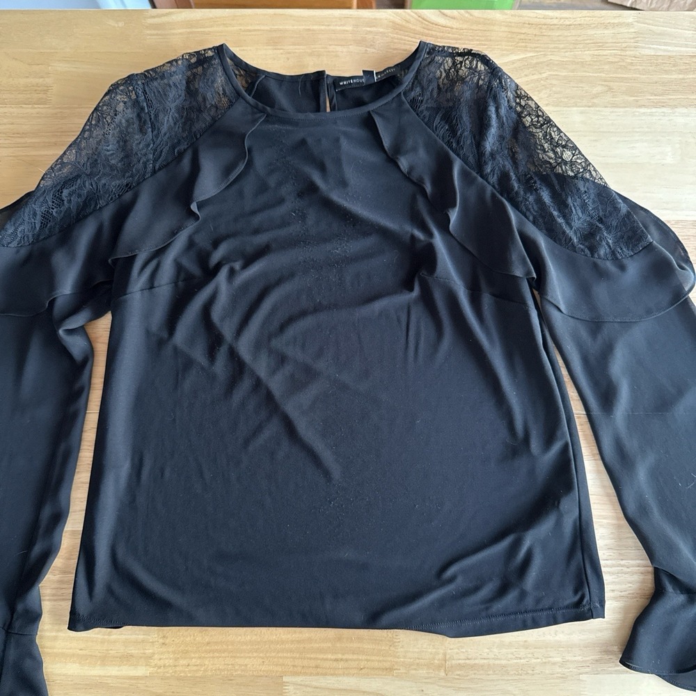 White House Black Market Lace Shoulder Black Flare Sleeve Blouse Y2K Size Small